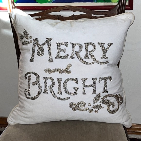 Merry and Bright Beaded White Velvet Pillow Down Fill, Dash Away Home 20 x 20 - Picture 1 of 9